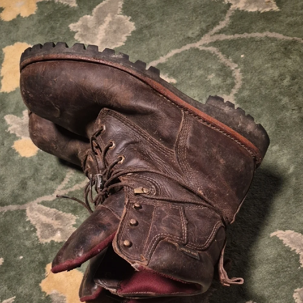 Chippewa Brown Leather Work Boots with Burgundy Liner